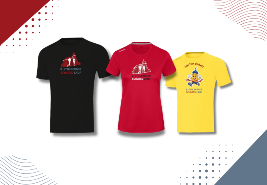 Schloss-Lauf-Shirts 2026 für Männer, Frauen und Kinder Offizielle Schloss-Lauf-Shirts 2026: schwarzes Herren-Shirt, rotes Damen-Shirt und gelbes Kinder-Shirt des Stolberger Schloss-Laufs.